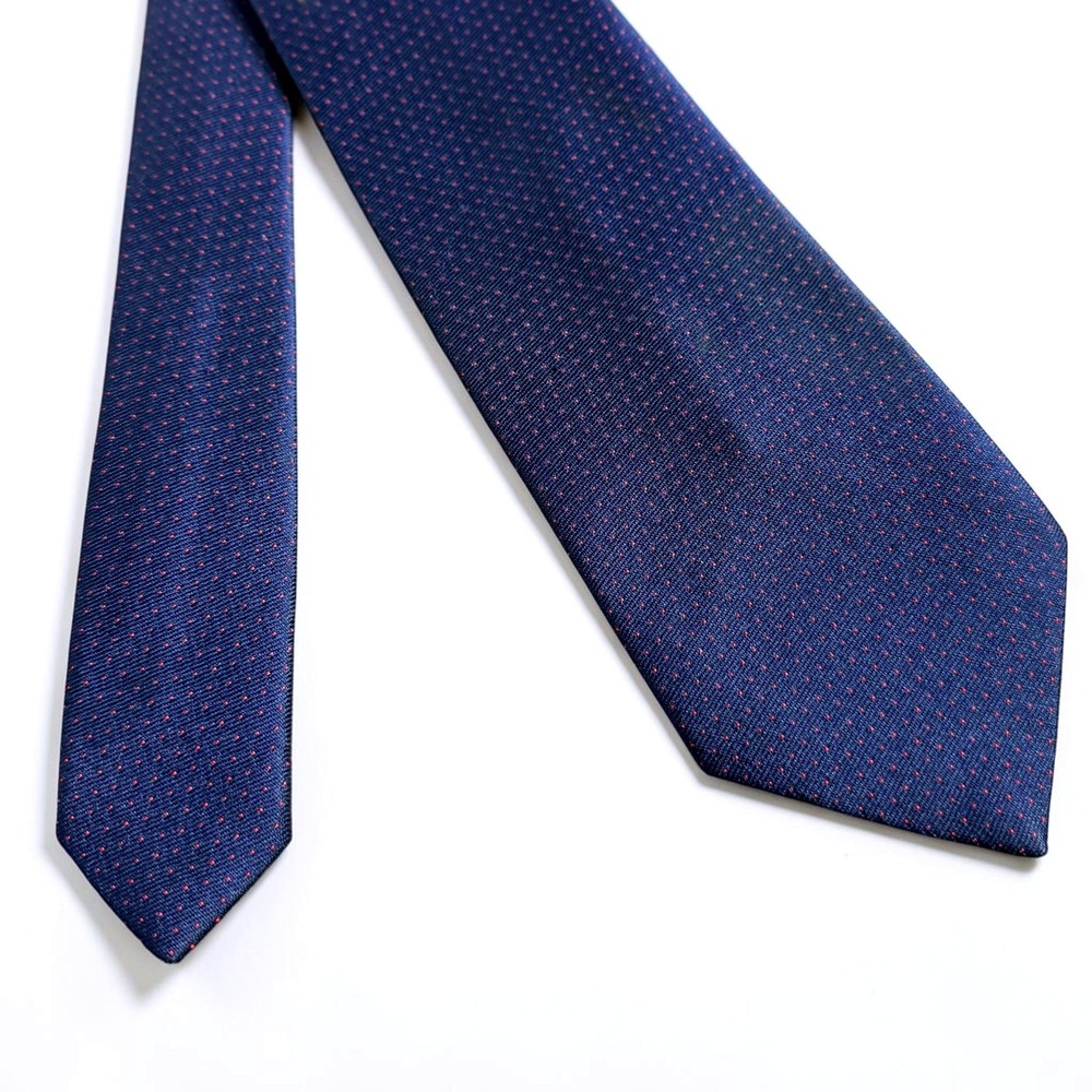 Wambley Mens Navy Blue Red Micro Dot Pattern Silk Blend Necktie Vintage Style